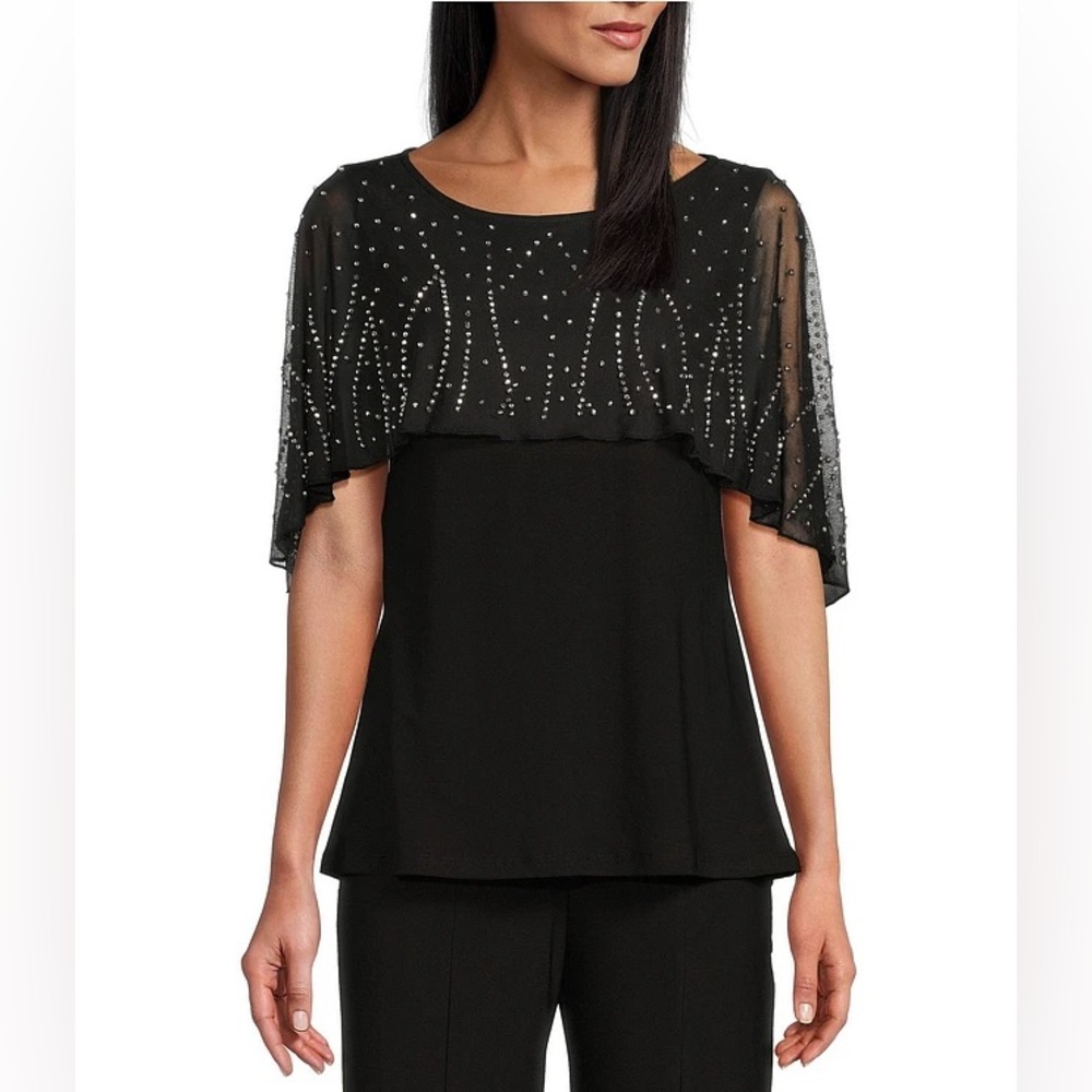 VINTAGE | 80s 90s RETRO BEADED UNIQUE ILLUSION SHAWL ANTHRO SCALLOP TOP